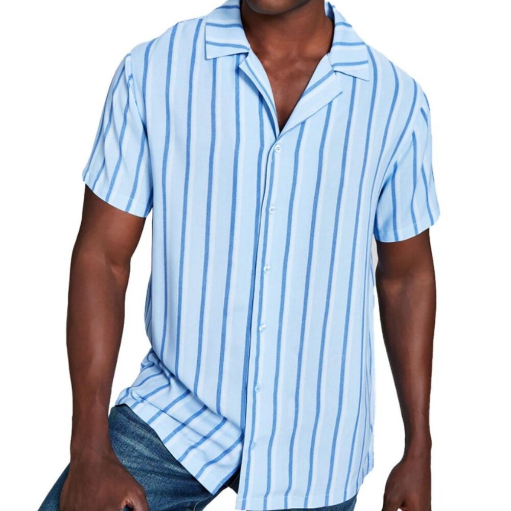 NEW!‎ Mens AND NOW THIS Button Down Shirt Striped Blue Large Rayon Collared